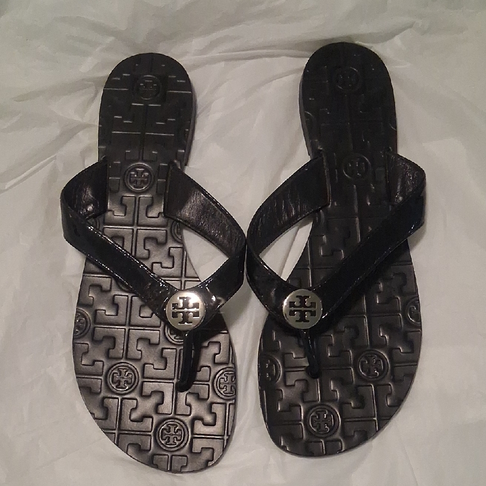 Tory Burch Black Patent Logo Thong Sandals